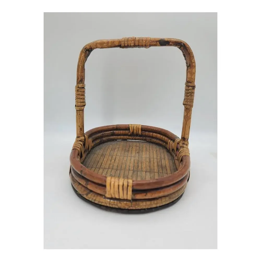 Vintage Rattan & Split Reed Oval Shape Handled Basket 9 T x 11.5 L x 8 W